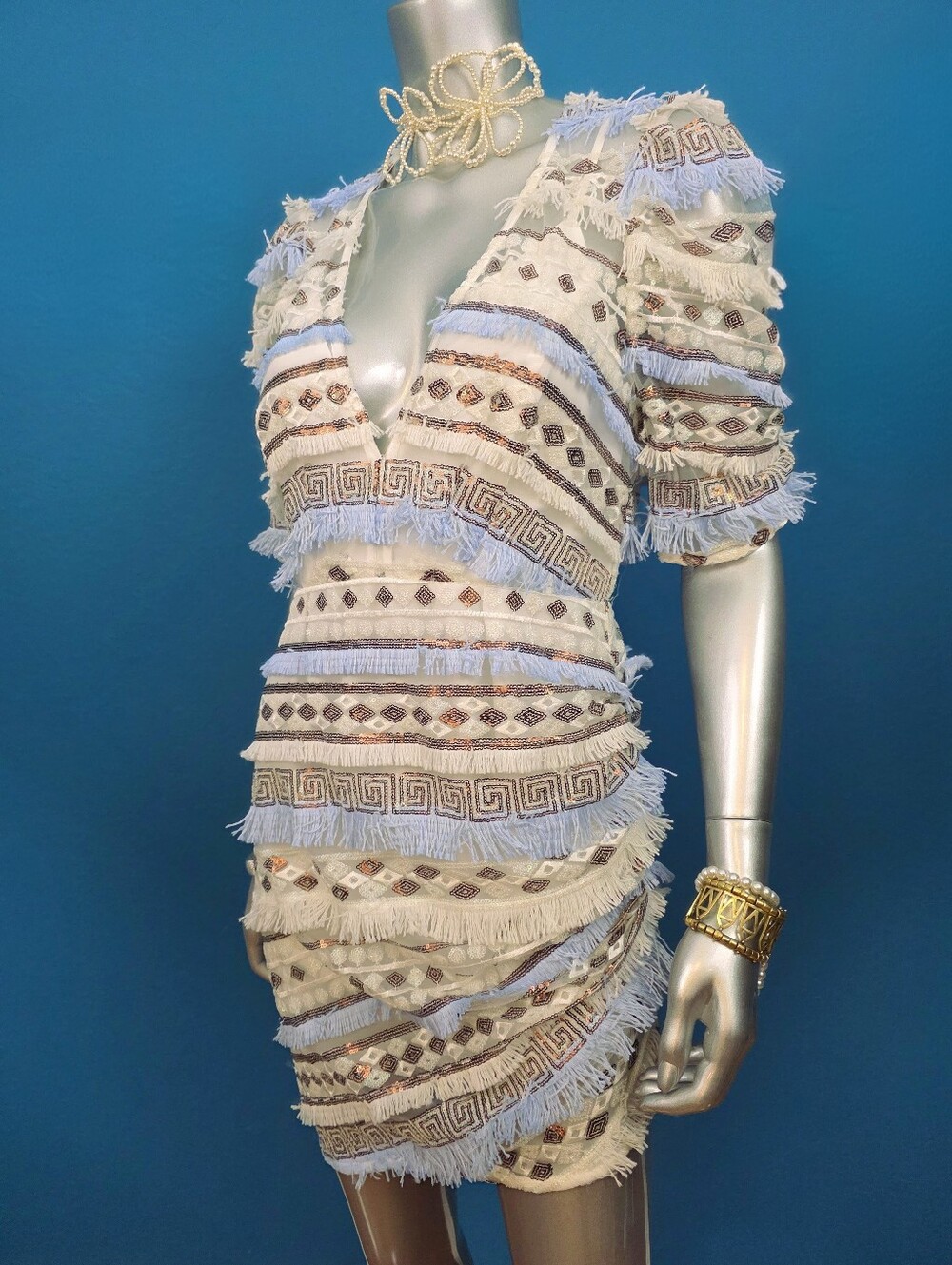 🆕️🌀ASOS Embellished Embroiderrd Sequin Mini Dress w/ Blue & White Fringe (NWT)